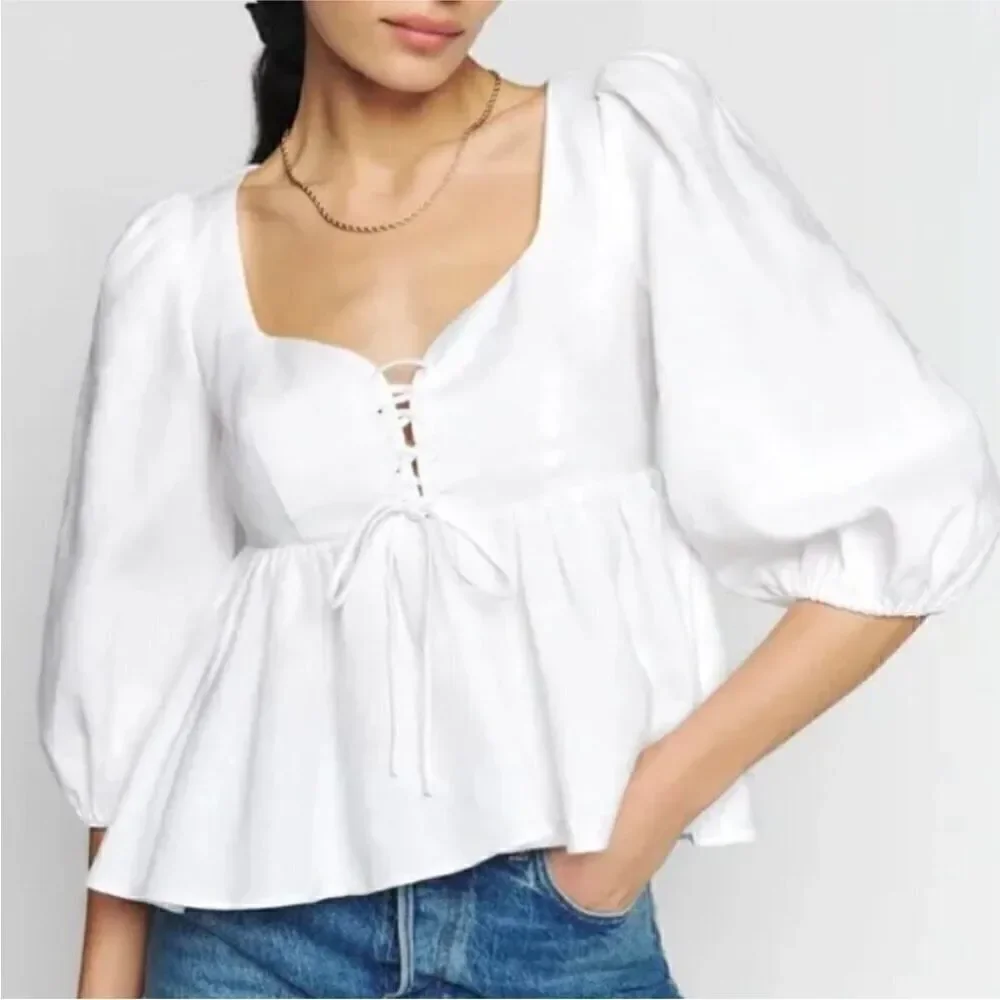 NWT Reformation Abigail White 100% Linen Puff Sleeve Prairie Blouse